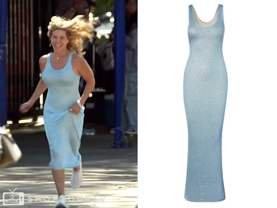 The Golden Bachelor: Season 2 Episode 4 Peg Munson's Light Blue Metallic Knit Tank Dress - | TV Fashion & Outfits